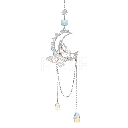 Natural Aquamarine Chips & Brass Moon & 304 Stainless Steel Butterfly Suncatcher HJEW-TA00449-02-1