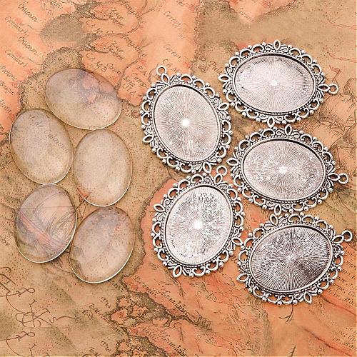 40x30mm Oval Clear Glass Cabochon Cover and Antique Silver Tibetan Style Pendant Cabochon Settings for DIY DIY-X0152-AS-RS-1