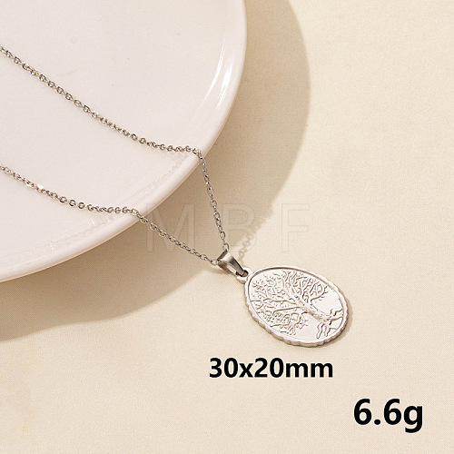 Stainless Steel Oval with Tree of Life Pendant Necklace XM4050-3-1