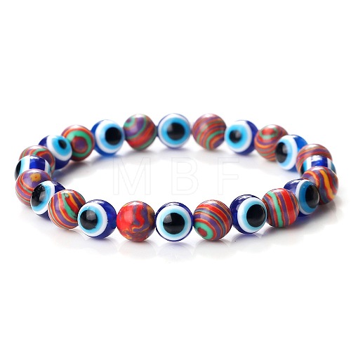 Synthetic Malachite & Evil Eye Round Beaded Stretch Bracelets for Men EH2427-5-1