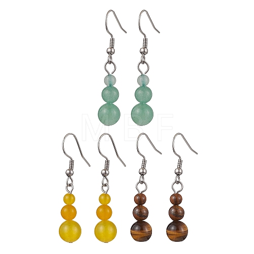 3 Pairs 3 Styles Natural Malaysia Jade & Green Aventurine & Tiger Eye Dangle Earrings EJEW-JE06131-1