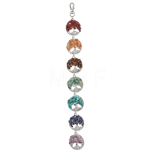 7 Chakra Natural Red Aventurine & Green Aventurine & Amethyst & Tiger Eye & Lapis Lazuli & Red Jasper & Synthetic Turquoise Chips Tree of Life Pendant Decorations HJEW-JM02299-1