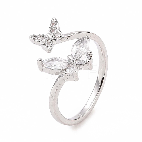 Clear Cubic Zirconia Butterfly Open Cuff Ring RJEW-B028-26P-1