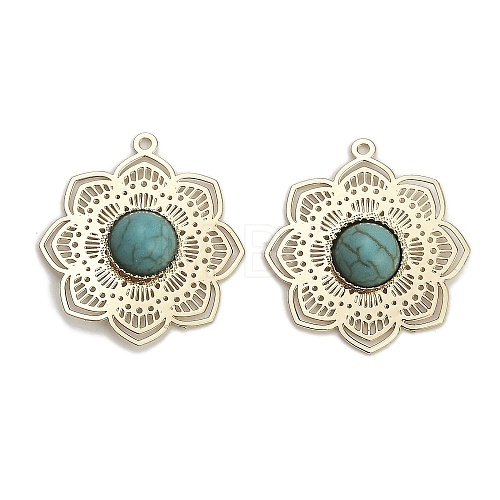 Brass Pave Dyed Synthetic Turquoise Flower Pendants KK-Z088-03G-01-1