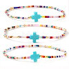 3Pcs Bohemian Cross Charm Glass Seed Bead & Brass Beads Stretch Bracelet for Women SA4132-2-2