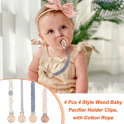 CHGCRAFT 4Pcs 4 Style Wood Baby Pacifier Holder Clips AJEW-CA0002-10-1