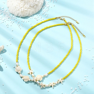 2Pcs 2 Styles Ocean Turtle Starfish Synthetic Turquoise & Natural Pearl & Glass Seed Beaded Necklaces NJEW-JN06130-02-1