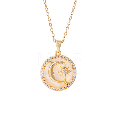 Brass Micro Pave Clear Cubic Zirconia with Natural White Shell Pendant 304 Stainless Steel Cable Chain Necklaces for Women WGAF233-09-1
