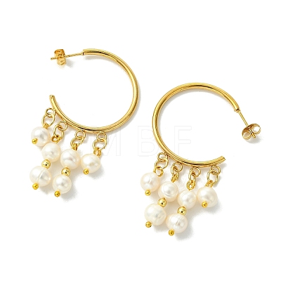Round with C-Shaped Natural Pearl & 304 Stainless Steel Tassel Chandelier Earrings EJEW-JE07025-1