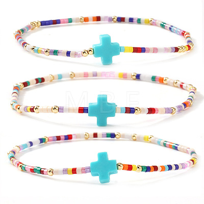 3Pcs Bohemian Cross Charm Glass Seed Bead & Brass Beads Stretch Bracelet for Women SA4132-2-1