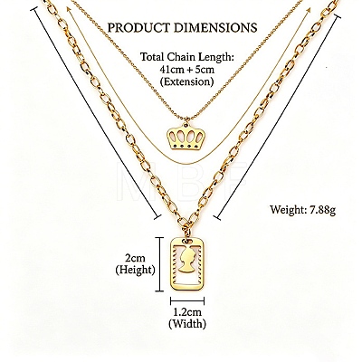 304 Stainless Steel Crown Rectangle Pendant Double Layer Necklaces WG00B28-01-1
