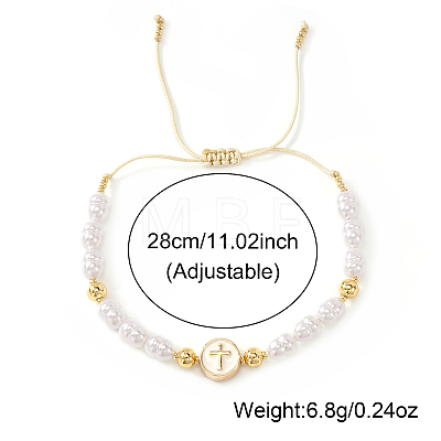 Adjustable Brass Flat Round with Religion Cross & Imitation Pearl Braided Bead Bracelets for Women FT2047-1