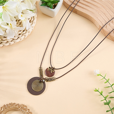 1Pc Bohemian Wood & Alloy Pendant Double Layer Necklaces for Women NJEW-CL0001-37-1