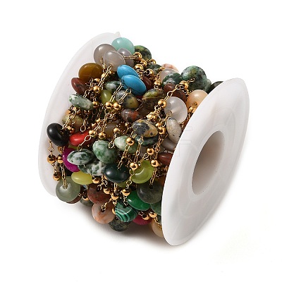 Handmade 304 Stainless Steel & Natural Mixed Gemstone Beaded Link Chains SA-CBAF245-02G-1
