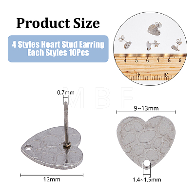 40Pcs 4 Style 304 Stainless Steel Heart Stud Earring Findings STAS-DC0014-82-1