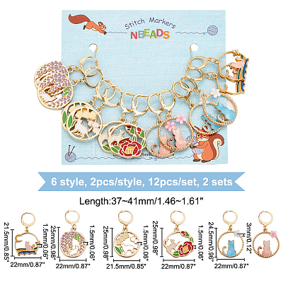 12Pcs 6 Style Alloy Enamel Round Ring with Cat Charm Locking Stitch Markers HJEW-PH01682-1