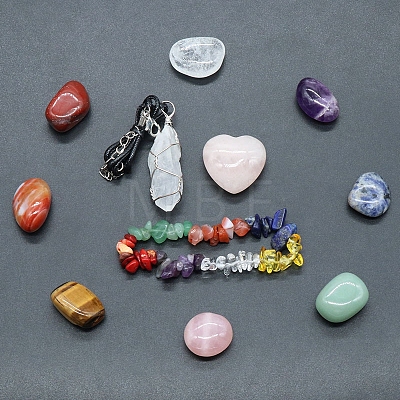 Tumbled and Heart Stone & Bracelet & Necklace Mixed Natural Gemstone Healing Stones Set PW-WG44401-01-1