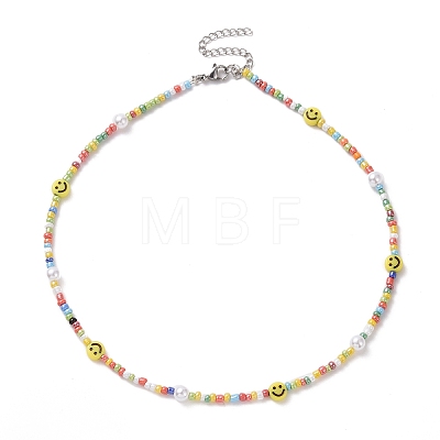 Glass Seed & Acrylic Smiling Face & Imitation Pearl Beaded Necklace for Women NJEW-JN04292-1