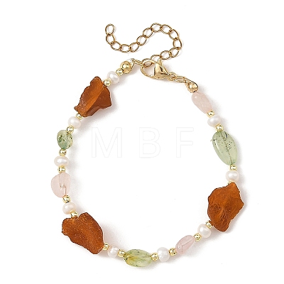 Raw Natural Amber & Rose Quartz Nuggets & Cultured Freshwater Pearl Beaded Bracelets BJEW-JB14288-1