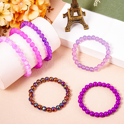 6Pcs 6 Styles 8mm Glass Round Beaded Stretch Bracelet Sets BJEW-TAC0022-1