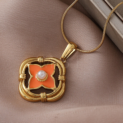 316 Surgical Stainless Steel Enamel with Imitation Pearl Clover Pendant Necklaces for Women LY2374-1