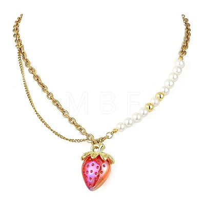 Acrylic Strawberry Pendant 304 Stainless Steel Mixed Chain Necklaces with Shell Pearl Beads NJEW-JN06114-02-1