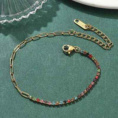304 Stainless Steel Paperclip Chain & Rhinestone Cup Chains Bracelets for Women BJEW-D456-06G-03-1