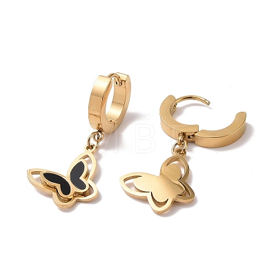 Black Resin Butterfly Dangle Hoop Earrings EJEW-A082-02G-1