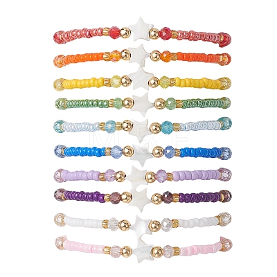 10Pcs Glass Seed Beads & Glass & Natural Trochid Shell Beaded Stretch Bracelets for Women BJEW-MZ00272-1