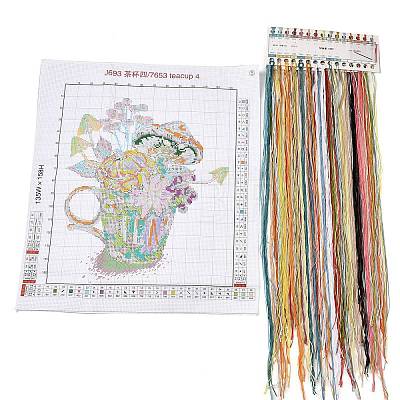 Teacup with Flower Pattern DIY Cross Stitch Beginner Kits DIY-NH0003-02B-1
