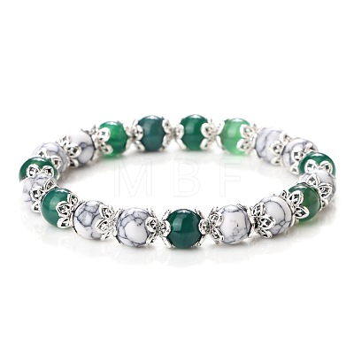 Natural Green Onyx Agate & Howlite Round Beaded Stretch Bracelets for Women JT2459-4-1