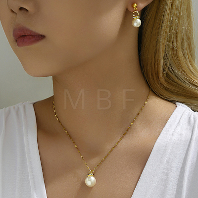 Imitation Pearl Round Pendant Necklace & Stud Earrings PL9795-1