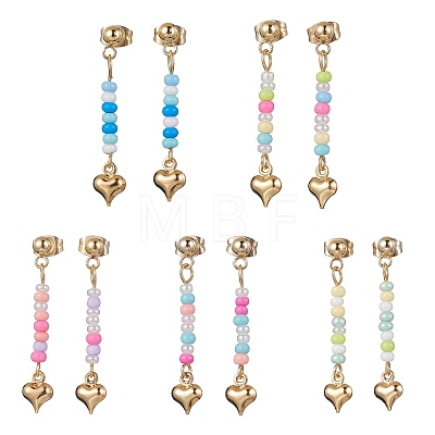 5 Pairs 5 Colors Golden 304 Stainless Steel Heart Dangle Stud Earrings EJEW-JE05538-S-1