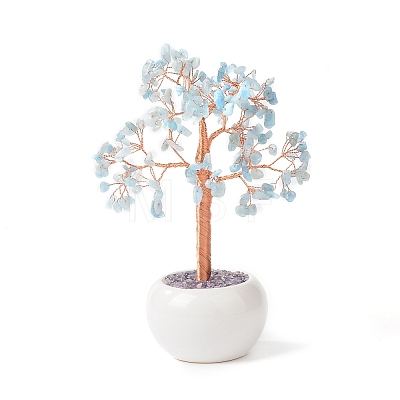 Natural Aquamarine Gemstone Chips with Brass Wrapped Wire Money Tree on Ceramic Vase Display Decorations DJEW-B007-02G-1