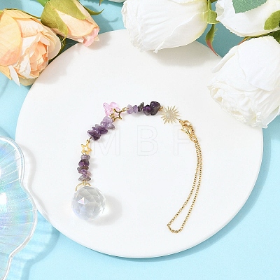 Round Glass & Natural Amethyst Chips Hanging Suncatchers HJEW-JM04209-02-1