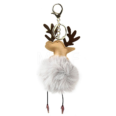 Imitation Rex Rabbit Fur & PU Leather Christmas Reindeer Pendant Keychain KEYC-K018-03KCG-01-1