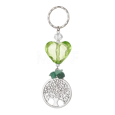 Tree of Life Alloy & Natural Green Aventurine Chips Pendant Keychain KEYC-JKC00594-1