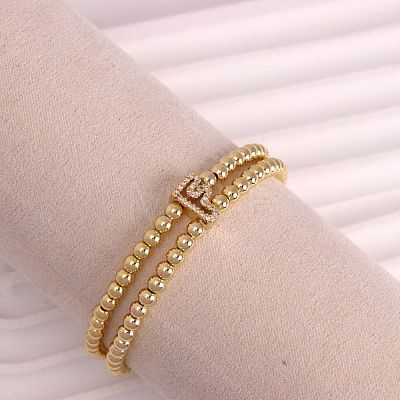 Brass Micro Pave Clear Cubic Zirconia Beads Double Strands Stretch Bracelets for Women FS-WGC7159-06-1