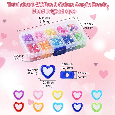 400Pcs 9 Colors Heart Acrylic Beads TACR-YW0001-94-1