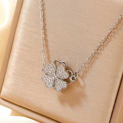 Saint Patrick's Day Clover Brass Micro Pave Clear Cubic Zirconia Pendant Necklaces for Women UQ5497-2-1