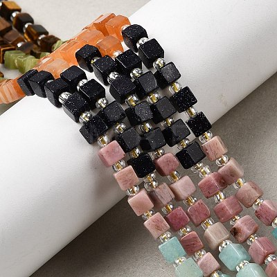 Synthetic Blue Goldstone & Natural Tiger Eye & Red Aventurine & Rhodonite & Dyed White Jade & Chinese Southern Jade Beads Strands G-H333-03C-1