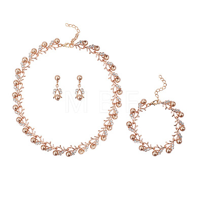 Alloy Rhinestone & Plastic Imitation Pearl Leaf Link Chain Necklaces & Stud Dangle Earrings & Link Bracelets Sets WG65A67-01-1