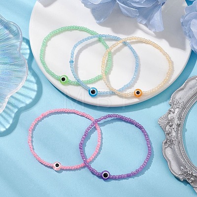 5Pcs 5 Colors Evil Eye Resin & Glass Seed Beaded Stretch Bracelet Sets BJEW-JB10477-1