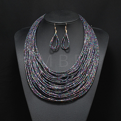 Bohemian Style Glass Seed Beaded Multilayer Necklaces & Teardrop Dangle Earrings Sets WGC1230-02-1