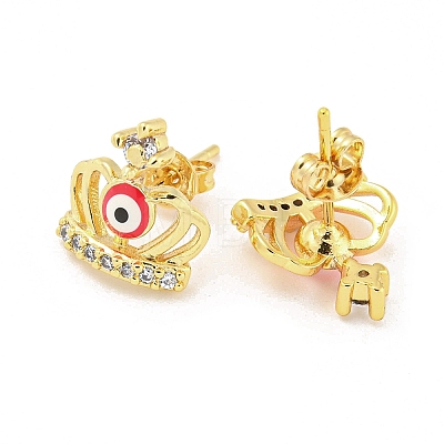 Crown with Evil Eye Real 18K Gold Plated Brass Stud Earrings EJEW-L269-108G-02-1