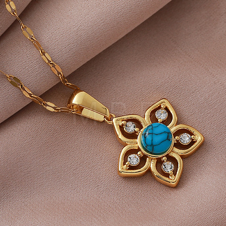 Vintage 304 Stainless Steel & Synthetic Turquoise Flower Pendant Necklaces with Crystal Rhinestone for Women RQ4537-1