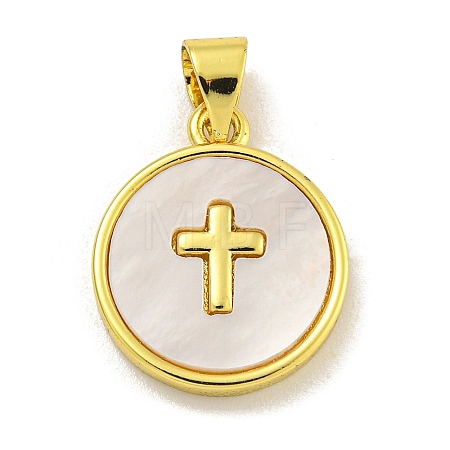 Rack Plating Brass Pave Nature Shell Cross Pendants X-KK-C074-34G-1