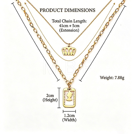 304 Stainless Steel Crown Rectangle Pendant Double Layer Necklaces WG00B28-01-1