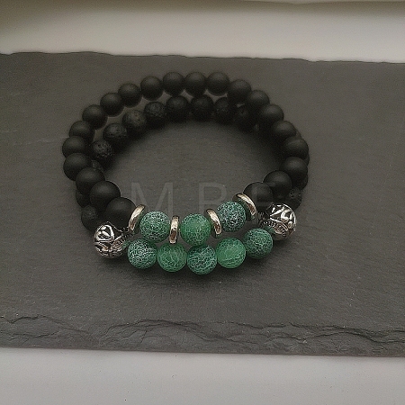 Natural Lava Rock & Frosted Stone Round Beads Stretch Bracelet Set Women DF9720-4-1