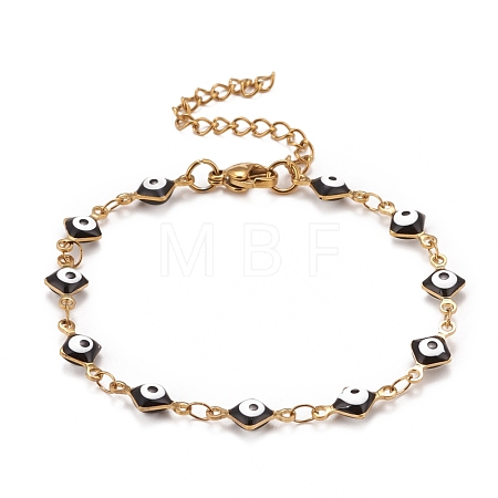 Enamel Rhombus with Evil Eye Link Chains Bracelet BJEW-P271-03G-04-1